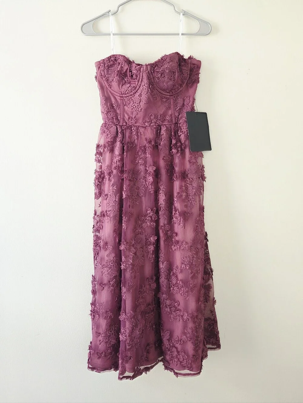 Lulus Quite Perfect Purple Floral Embroidered Strapless Midi Dress Medium